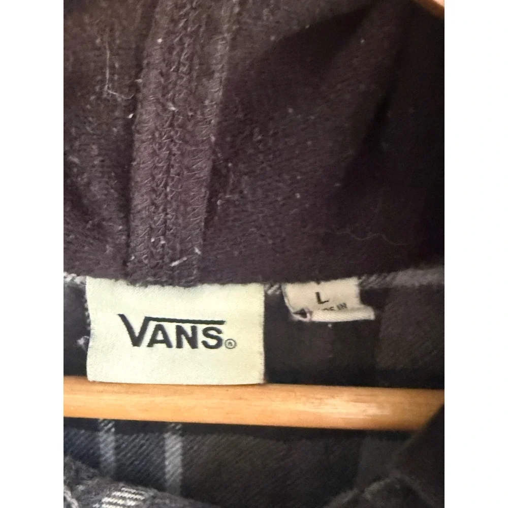 Vans Mens Hooded Flannel Shirt Grey Black Plaid Button Up Hoodie Jacket Large